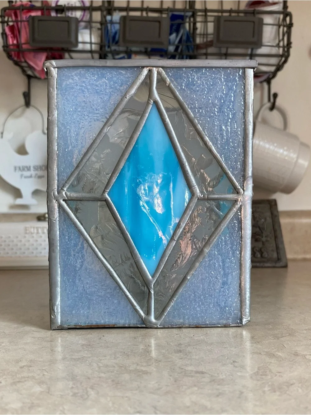 Vintage 80s Tiffany Style Stained Glass Votive Tea Candle Holder Pen Box Floral